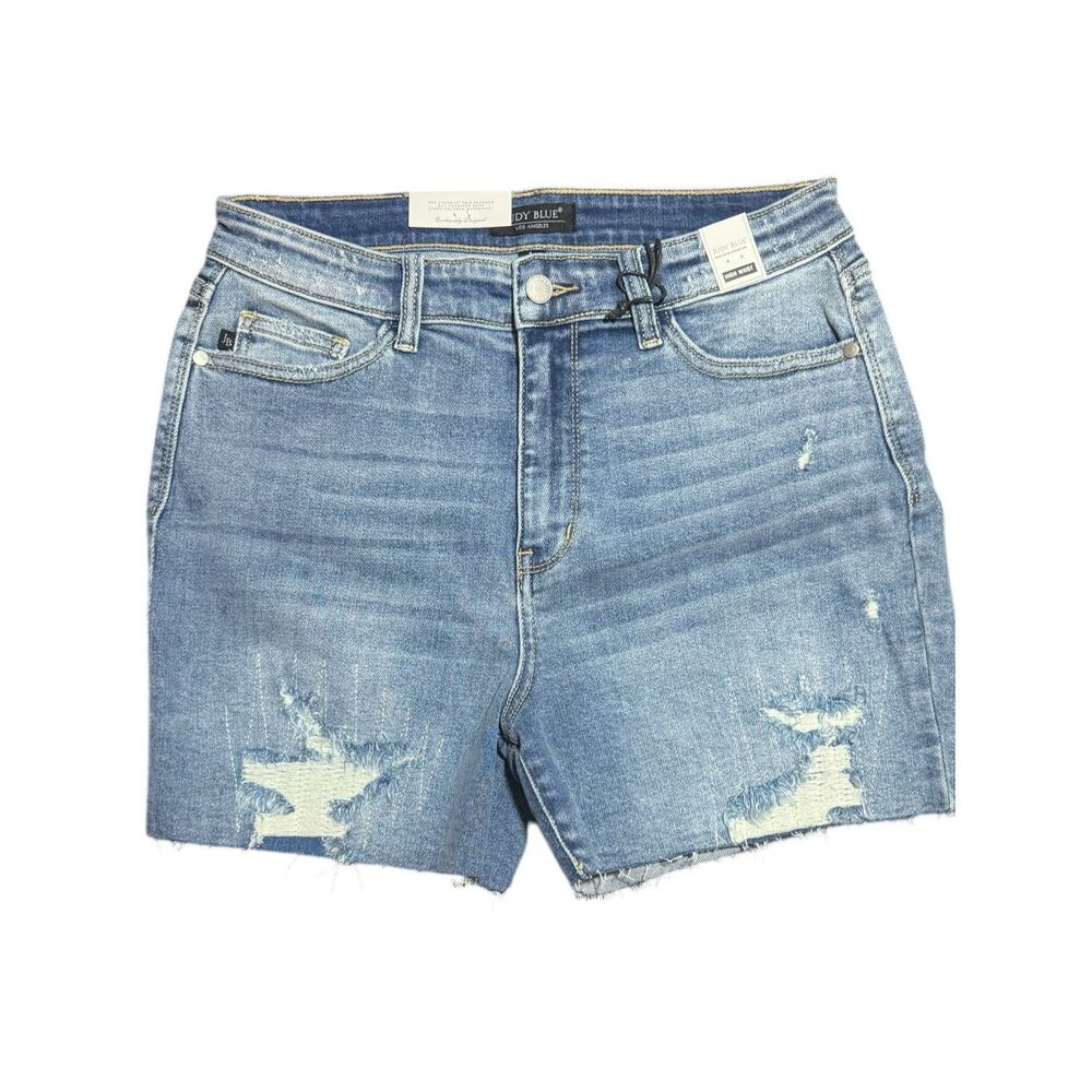 Judy Blue High Rise Distressed Denim Shorts Light Wash Stretch Raw Hem NWT - Picture 11 of 14